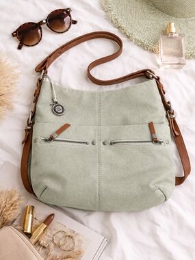 Classic Crossbody Shoulder Bag - Sage Green with Brown Trim